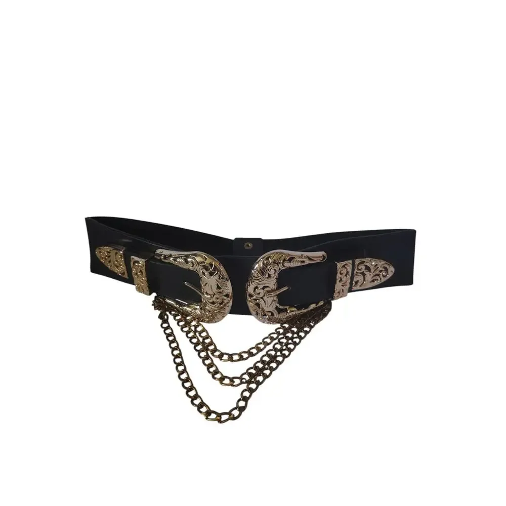 Y2K Western Double Buckle Chain Waist Belt Black Elastic Cowgirl Festival